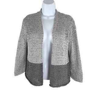 Eileen Fisher Cropped Cardigan Large Gray Open Knit Viscose Blend CJ-2142